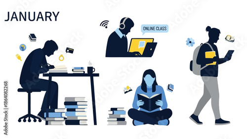 Students engaged in online learning and studying