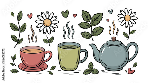 Aromatic Tea Time: An inviting illustration of a tea service, featuring steaming cups, teapot, and delicate floral and herbal accents, evoking the warmth and tranquility of a perfect tea break.