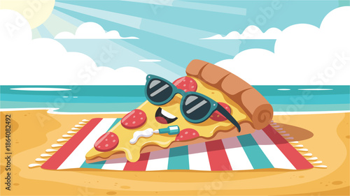 Fun cartoon pizza slice wearing sunglasses on beach towel by ocean