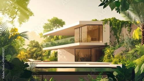 Modern house with lush vegetation exterior in tropical sunny environment