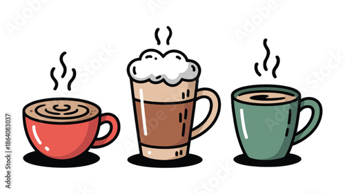 Aromatic Trio: An inviting illustration of three distinct coffee beverages, steaming gently, inviting a moment of warmth and delight.