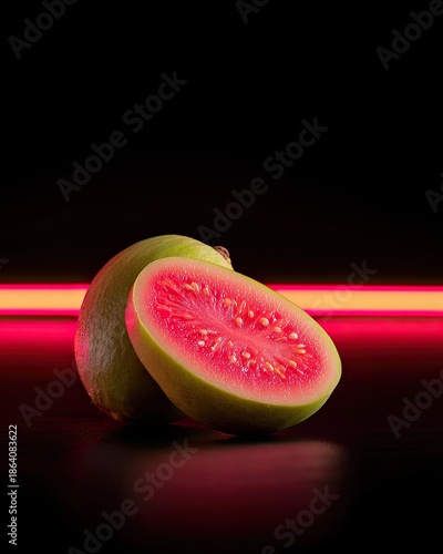 A halved pink guava fruit with a whole guava, illuminated by dramatic spotlight on a dark, neon-lit background.