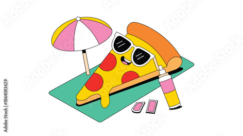 Funny cartoon pizza slice on beach vacation with sunglasses