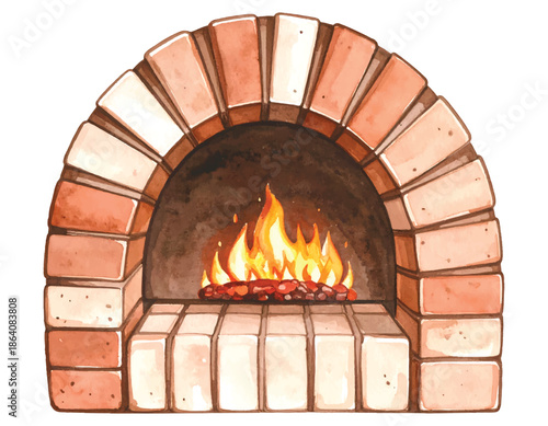 Watercolor Brick Fireplace with Burning Flames and Logs hearth vector illutrastion transparent background