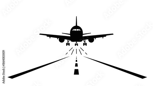 Airplane landing on runway silhouette icon, front view.