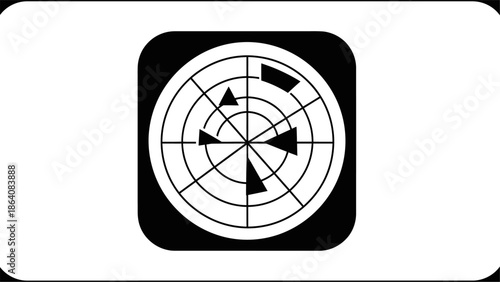 Radar screen icon, sonar navigation system silhouette, maritime and aviation tracking vector.