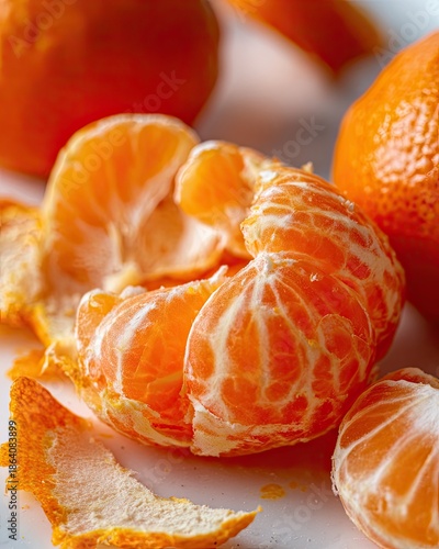 A juicy, peeled tangerine with visible segments and citrus peel, showcasing fresh fruit texture