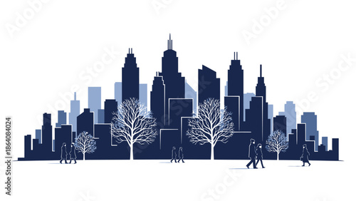 City skyline with people walking and trees