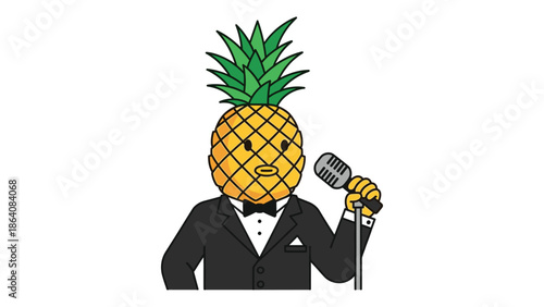 Pineapple in tuxedo holding microphone for comedy performance