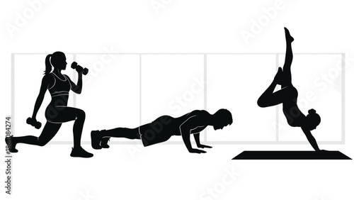 People doing various yoga and exercise poses silhouette