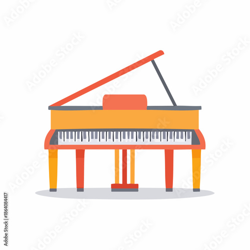 Grand Piano Illustration in Yellow and Orange with Keyboard and Support Legs, Musical Instrument Object, flat design