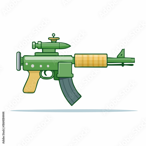 Illustration of a green toy assault rifle with scope, magazine, and grip on a white background
