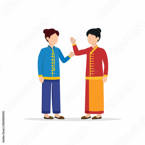 Two people in traditional clothing chatting politely facing each other in minimalist design