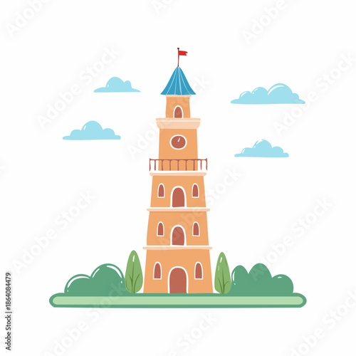 Whimsical Watchtower on a Gentle Slope with Clouds, Perfect for Illustrations and Charming Children's Books