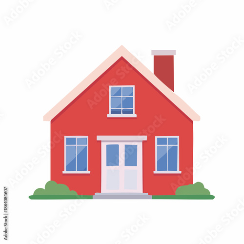 Cozy Red House Illustration with White Trim and Green Bushes
