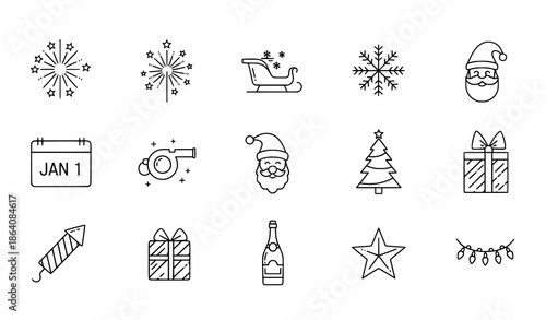 Minimal New Year and Christmas outline web icons with winter celebration themes