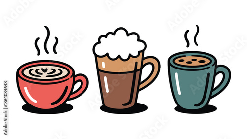 Aromatic Trio: An inviting illustration of three distinct coffee cups, each steaming with deliciousness. Each cup exudes a warm, inviting aura, promising a moment of pure sensory pleasure.