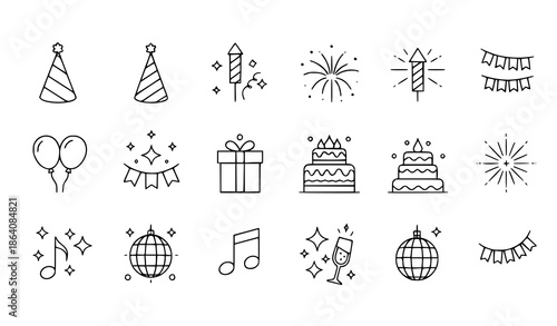 Celebration and party line editable icon set with festive symbols