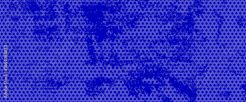 Abstract blue background featuring a repeating hexagonal honeycomb pattern combined with a distressed grunge texture. The bold cobalt blue color and geometric