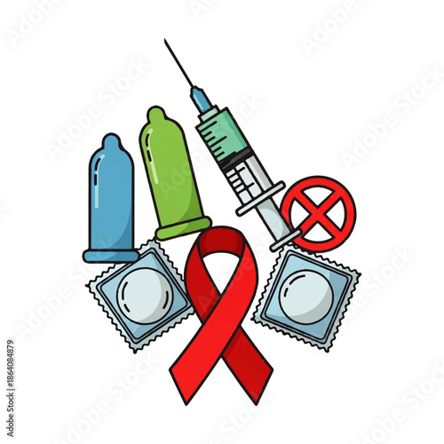 Vector flat design illustration of condoms, syringe, and red ribbon symbolizing HIV prevention and safe sex practices against a clean white background.