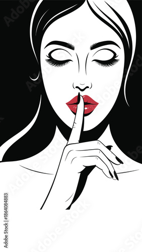 Woman with Finger on Lips in Black and White quiet