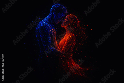 Abstract digital art of a man and woman embracing in glowing blue and red neon particles