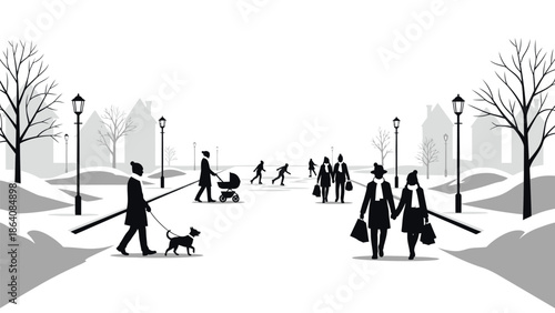 People walking in the park on a winter day