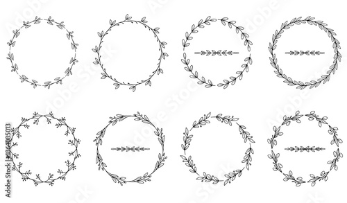 Vintage hand drawn circular floral wreath set for wedding stationery