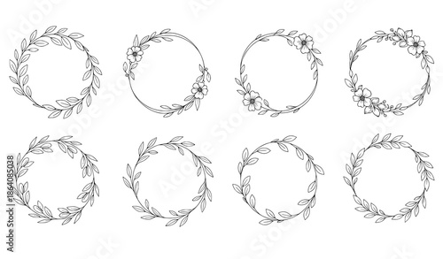 Hand drawn circular wedding frame set with elegant floral decorative outlines