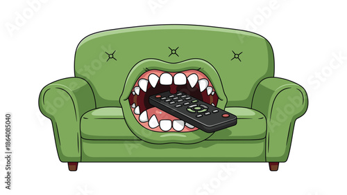 Cartoon green couch with mouth and teeth eating remote control