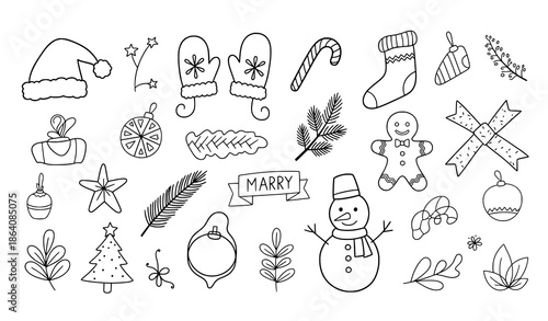 Playful hand drawn Christmas icon big set with winter holiday symbols