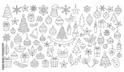 Hand drawn Christmas elements big vector set with festive holiday outlines