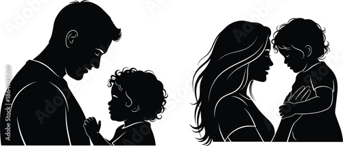 Black Silhouette Set Featuring A Father With His Toddler And A Mother Holding Her Child For Family Love Parenting And Togetherness Concepts