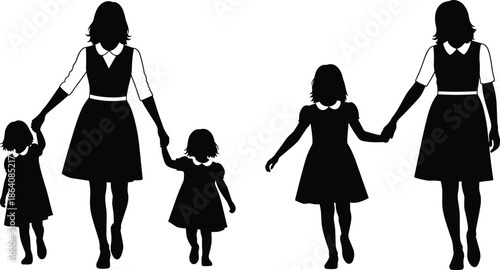 Black Silhouette Set Of A Mother Walking And Holding Hands With Her Two Small Daughters And One Older Child For Family Concepts