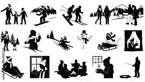 Collection of winter silhouettes featuring people engaging in various snow activities