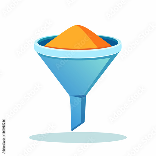 Blue funnel with orange sand inside represents filtering process in a clean vector illustration