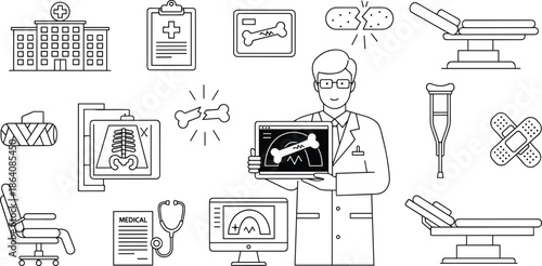 Doctor Showing Bone Fracture Xray On Digital Tablet For Orthopedic Trauma Care With Hospital Bed Crutch And Medical Supply Line Icons