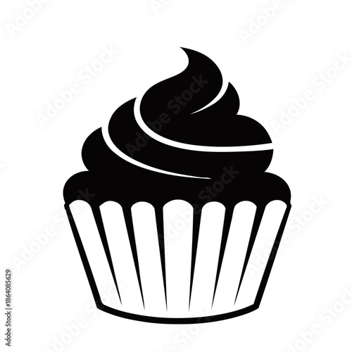A black and white illustration of a cupcake with swirled frosting viewed from the front