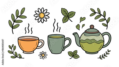 Herbal Tea Collection: A serene collection of warm, inviting herbal tea elements, perfect for relaxation and refreshment. Featuring a teapot and cups of steaming tea with decorative plants.