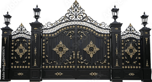 Elegant Wrought Iron Gate With Ornate Gold Decorations Classic Luxury Entrance Featuring Decorative Lamps And Intricate Filigree Details Isolated On White Background