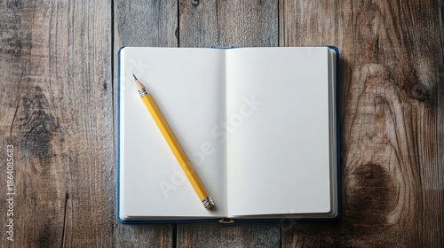 Open notebook and pencil on wooden table overhead view for creative concept