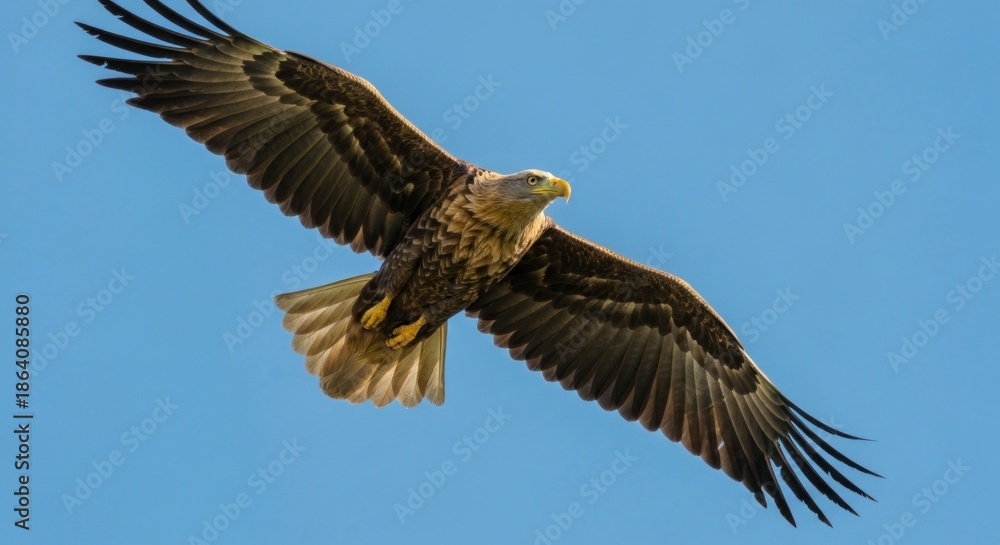 Obraz premium Eagle soars, wings wide, blue sky backdrop