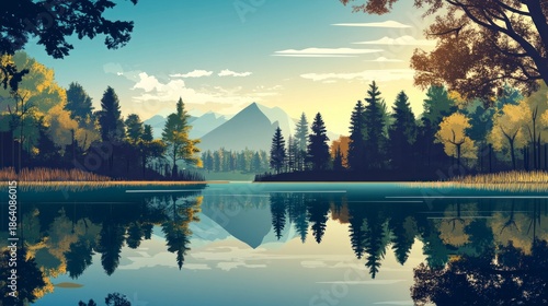 Tranquil lake landscape with forest and mountains under a blue sky