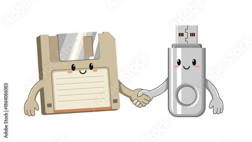 Friendly floppy disk and USB drive shaking hands together
