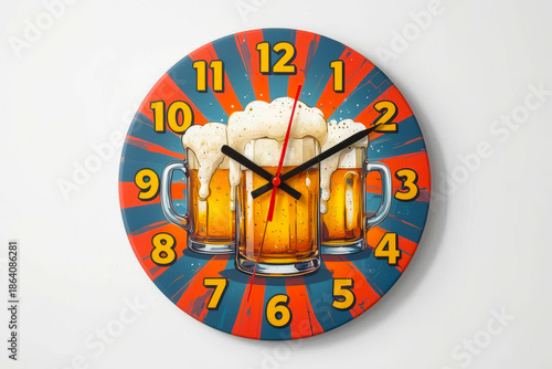Modern wall clock featuring three beer mugs on a clean white background