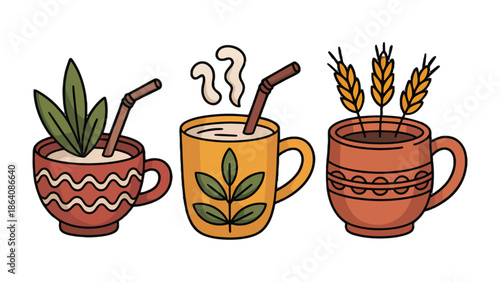 Artistic Drink Cups: Three artistically decorated cups showcase a vibrant collection of drinks, each uniquely adorned and inviting, appealing to the eye and the imagination.