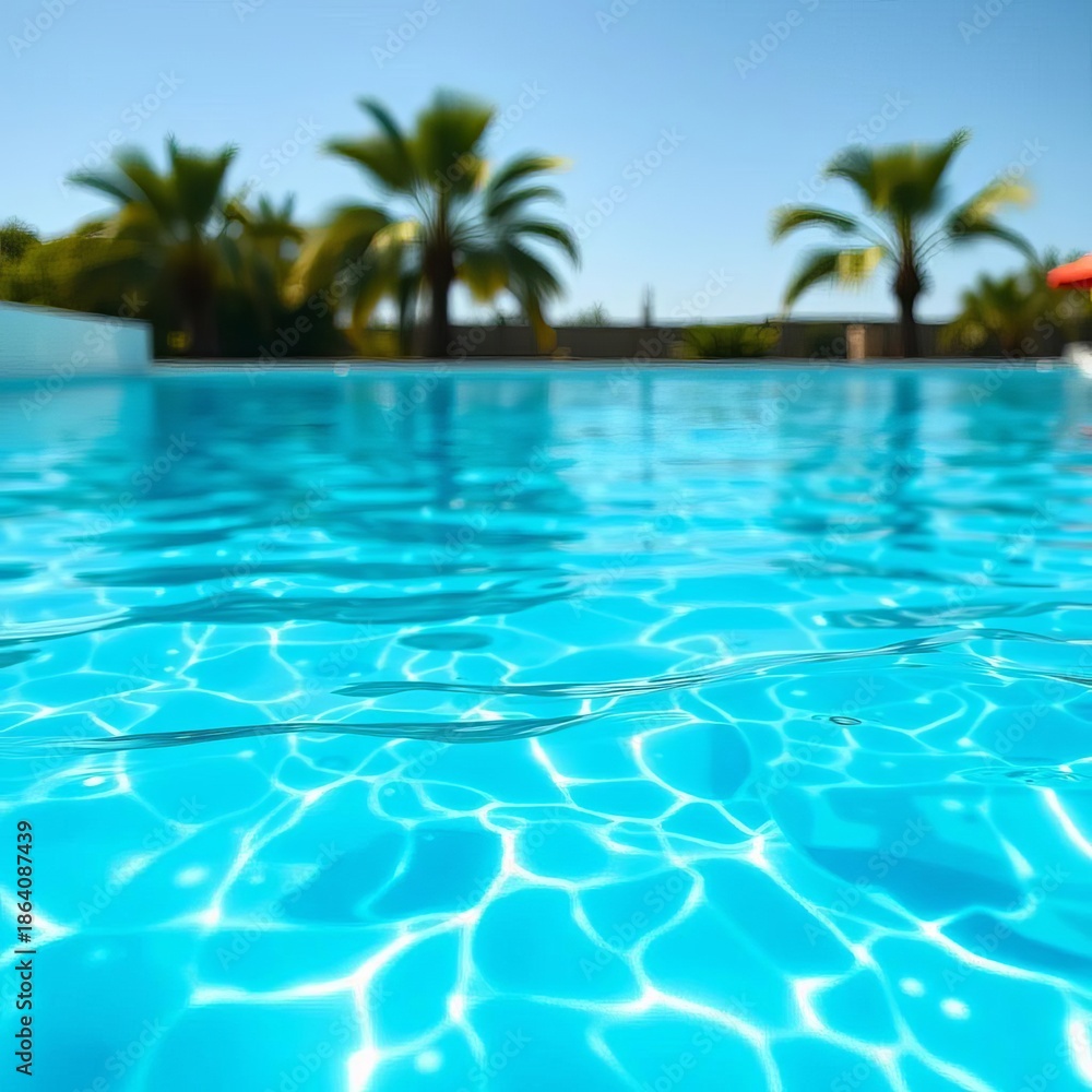 Fototapeta premium Crystal clear blue water in a sunlit swimming pool, inviting a refreshing dip on a warm day, relax, leisure