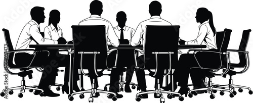 Professional Business Team Meeting In Boardroom Silhouette Illustration Featuring Male And Female Coworkers Sitting Around Conference Table For Corporate Collaboration Design