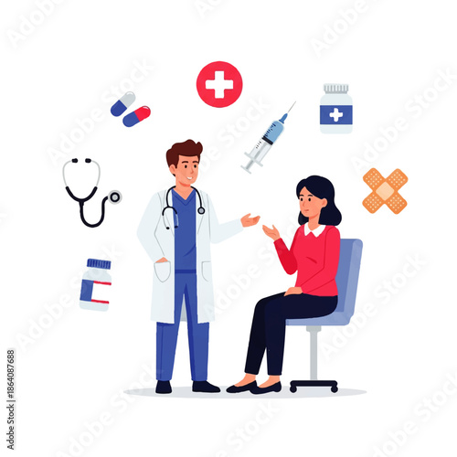 Vector flat design illustration of a doctor and patient in a medical consultation with various health symbols floating around them.