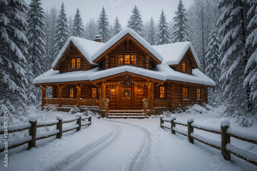 Cozy wooden cabin in a snowy winter forest with warm indoor light